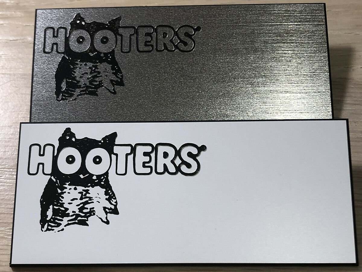 2 NAME TAG Lot HOOTERS Collectible Engrave Customize YOUR NAME Silver & White